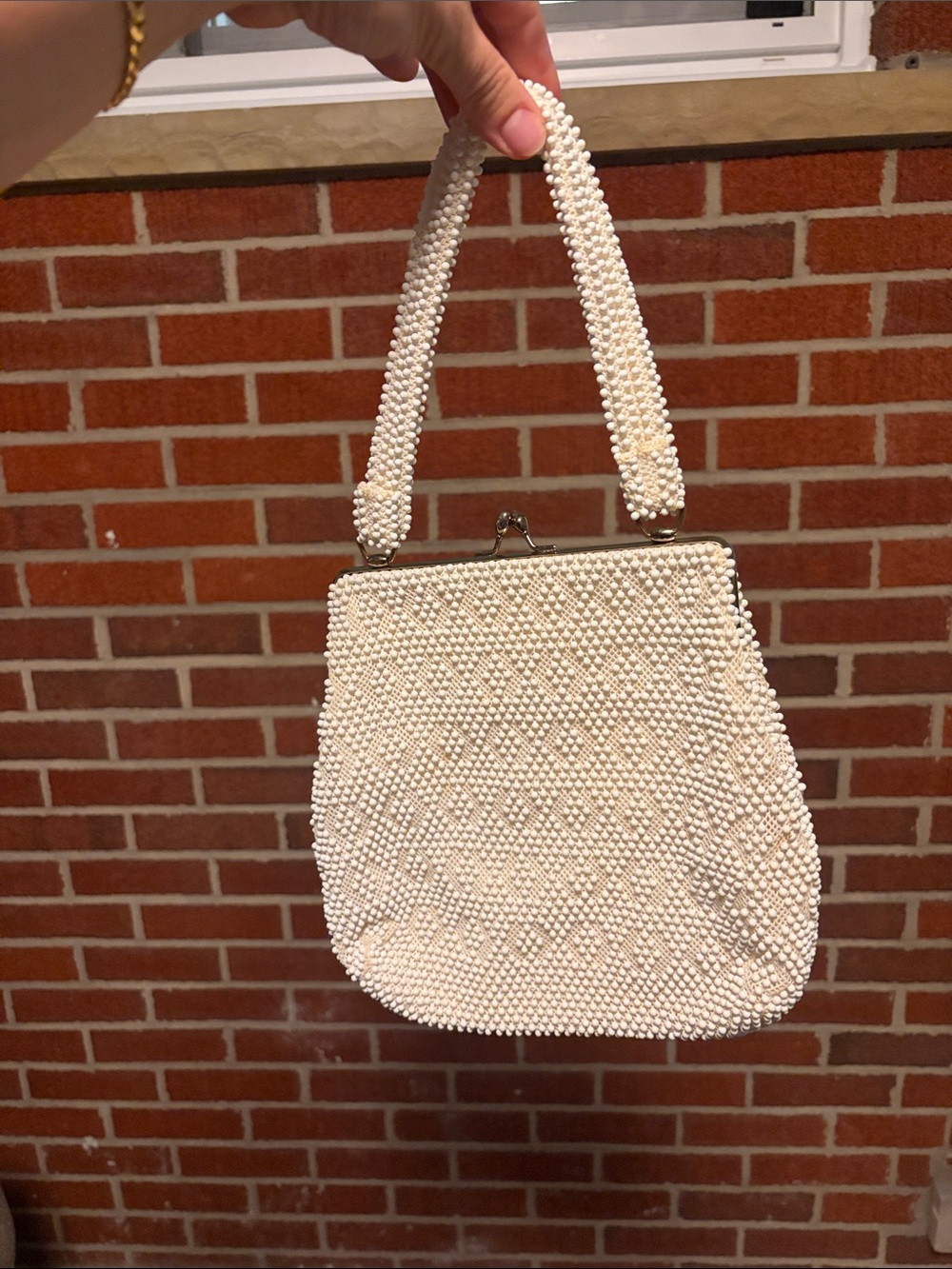 Vintage Elegant Cream Beaded Top-Handle Bag